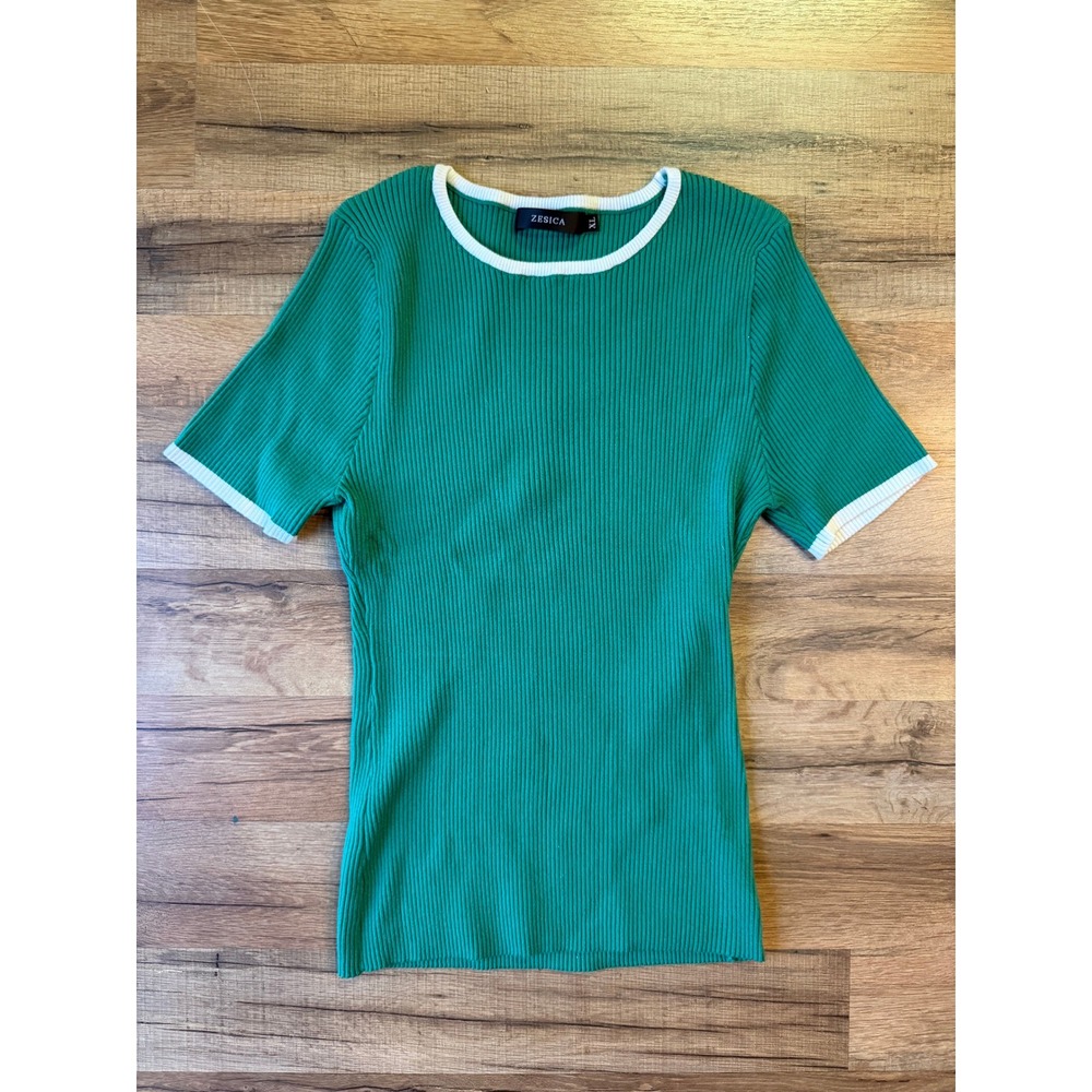 ZESICA Knit Top Green Ribbed Short Sleeve White Trim Retro PreppyXL